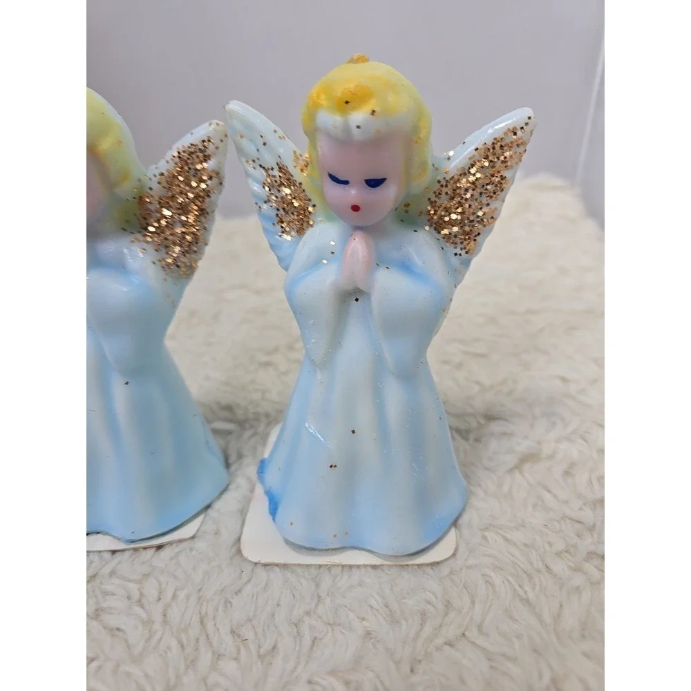 Vintage Pair of 2 Praying Angels Glitter Christmas Holiday Candle‎ 5